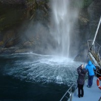 The dramatic waterfalls in Milford Sound